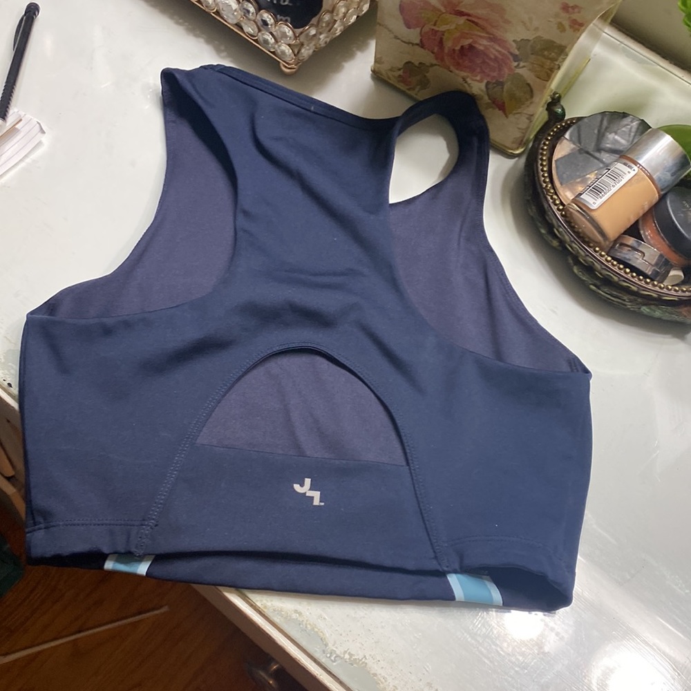 Joy Lab Navy Blue Racer Stripe Full Coverage Back Cut Out Sports Bra - Picture 3 of 4
